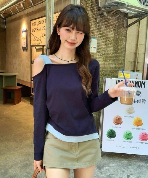 almo（アルモ）の「【portulaca】アンサンブル風ワンショルロンTee（Tシャツ/カットソー・レディース・グレー/ネイビー・FREE）」の8枚目の写真