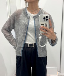 ISOOK | バイカラーシアーモヘアカーディガン(chiica select) / シアーカーディガン ニットカーディガン 長袖 クルーネック 薄手 モヘアニット 透け感 透かし編み 無地 配色 アイボリー グレー 白(カーディガン/ボレロ)