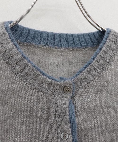 ISOOK（アイスー）の「バイカラーシアーモヘアカーディガン(chiica select) / シアーカーディガン ニットカーディガン 長袖 クルーネック 薄手 モヘアニット 透け感 透かし編み 無地 配色 アイボリー グレー 白（カーディガン/ボレロ・レディース・アイボリー/グレー・FREE）」の8枚目の写真