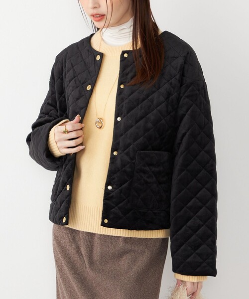 SHIPS Colors:ポリエステルベロア ノーカラー キルティング ジャケット