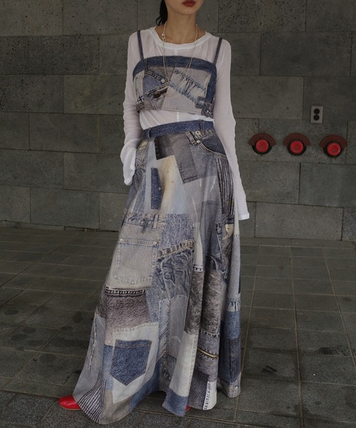 Ameri（アメリ）の「DENIM PATCHWORK PRINT SKIRT（デニムスカート・レディース・ブラック/ブルー・SMALL/MEDIUM）」の5枚目の写真