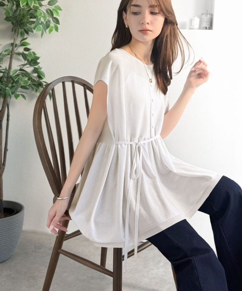 classicalelf（クラシカルエルフ）の「綺麗見えの旬アイテム。ペプラムウエストリボンフレンチスリーブプルオーバー（Tシャツ/カットソー・レディース・ホワイト/ブラウン/アイボリー/ブラック・X-LARGE/SMALL/MEDIUM/LARGE）」の5枚目の写真