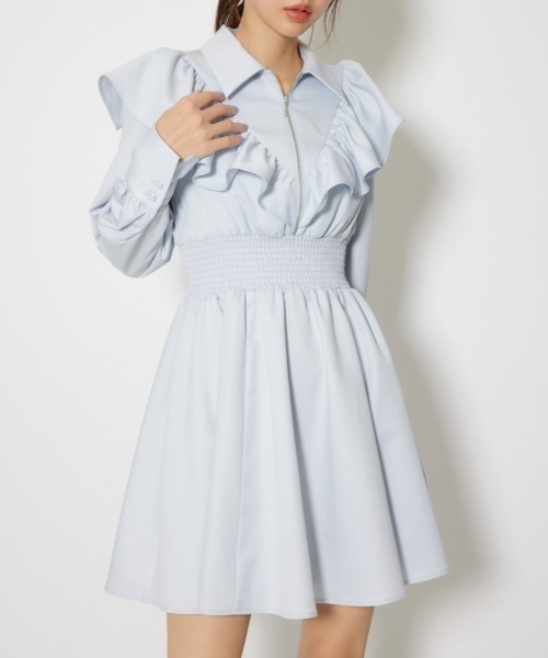 rienda(リエンダ)の「フロントジップフリルミニシャツワンピース 冬服 春服(シャツワンピース・レディース・ホワイト/ライトブルー/ブラック・MEDIUM/SMALL)」の3枚目の写真