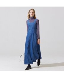 クラックデニムロングスリーブレスワンピース - ブルー