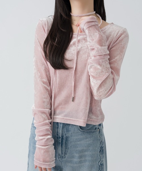 mellowneon(メロウネオン)の「シアーベロアビジュートップス(Tシャツ/カットソー・レディース・ホワイト/ピンク/ブルーグレー・FREE)」の1枚目の写真