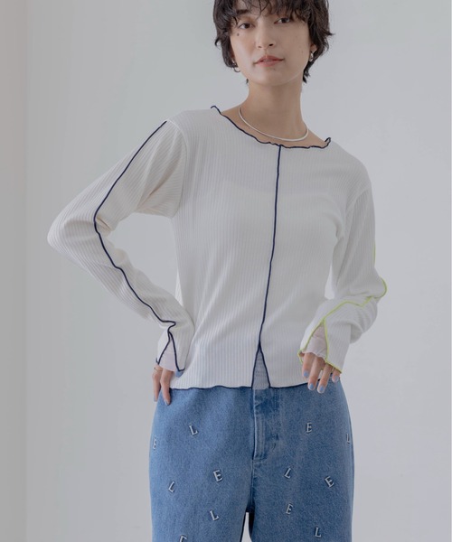 Eimee Law(エイミーロウ)の「チュールカット配色メロウリブトップス(Tシャツ/カットソー・レディース・ブラック/ライトグレー/オフホワイト・FREE)」の2枚目の写真