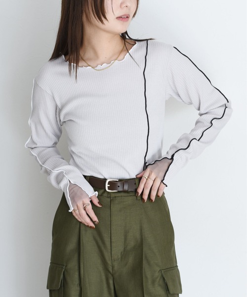 Eimee Law(エイミーロウ)の「チュールカット配色メロウリブトップス(Tシャツ/カットソー・レディース・ブラック/ライトグレー/オフホワイト・FREE)」の10枚目の写真
