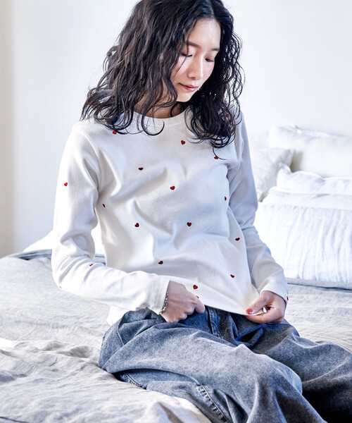 ドット柄ハート刺繍長袖Tシャツ もちもちストレッチ ガールズ ハート刺繍 長袖Tシャツ | 子供服の通販