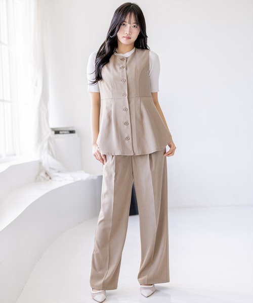 CLEAR BASIC（クリアベーシック）の「【低身長サイズ有/オフィス◎】ストライプワイドパンツ(セットアップ可)[スラックス/ハイウエスト/通勤/きれいめ]（スラックス・レディース・チャコールグレー/ベージュ/ライトグレー・F/PF）」の12枚目の写真