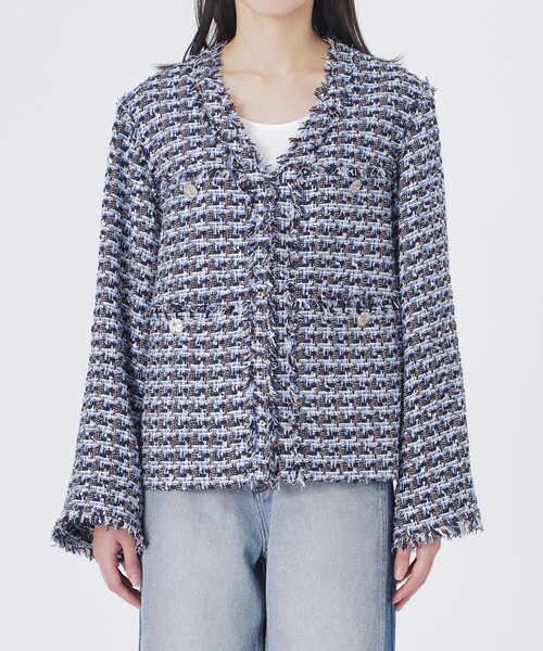 LOVELESS（ラブレス）の「ファンシーツイードジャケット（ノーカラージャケット・レディース・ブルー系その他3・36/34）」の4枚目の写真