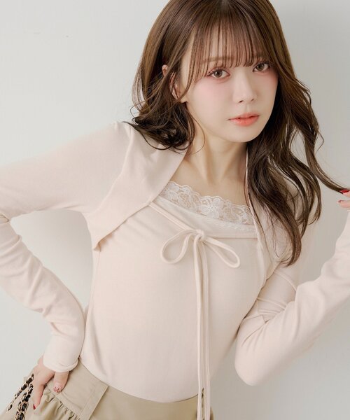 Chico(チコ)の「ボレロ風レースレイヤードトップス(Tシャツ/カットソー・レディース・ブラック/グレー/ピンク/アイボリー・FREE)」の4枚目の写真
