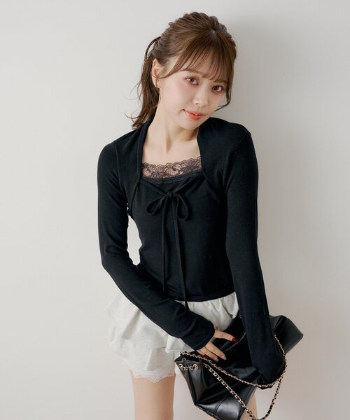 Chico(チコ)の「ボレロ風レースレイヤードトップス(Tシャツ/カットソー・レディース・ブラック/グレー/ピンク/アイボリー・FREE)」の9枚目の写真