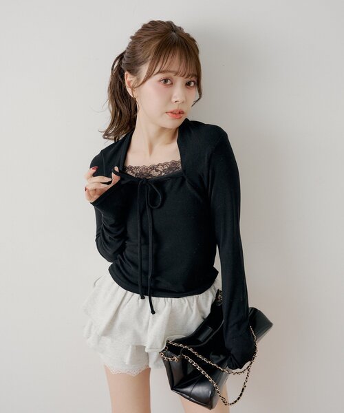 Chico(チコ)の「ボレロ風レースレイヤードトップス(Tシャツ/カットソー・レディース・ブラック/グレー/ピンク/アイボリー・FREE)」の8枚目の写真