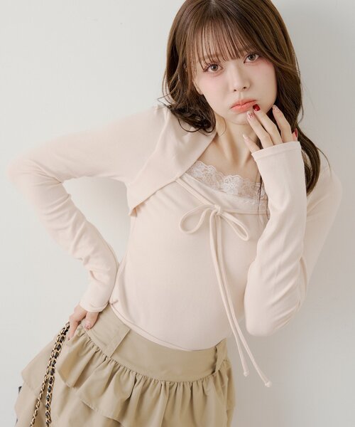 Chico(チコ)の「ボレロ風レースレイヤードトップス(Tシャツ/カットソー・レディース・ブラック/グレー/ピンク/アイボリー・FREE)」の6枚目の写真
