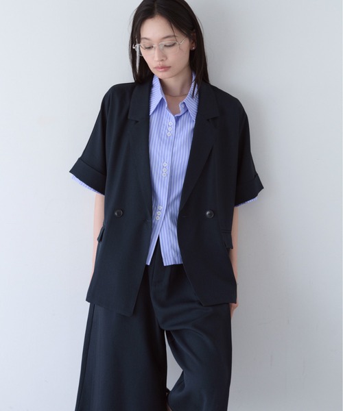 SOYEN(ソイエン)の「リネンライクフレンチスリーブダブルジャケット/セットアップ可(テーラードジャケット・レディース・ブラウン/ネイビー・F)」の3枚目の写真
