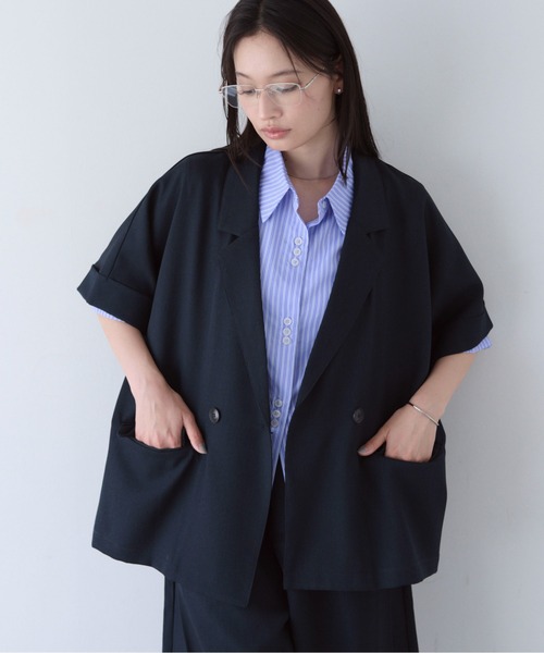 SOYEN(ソイエン)の「リネンライクフレンチスリーブダブルジャケット/セットアップ可(テーラードジャケット・レディース・ブラウン/ネイビー・F)」の4枚目の写真