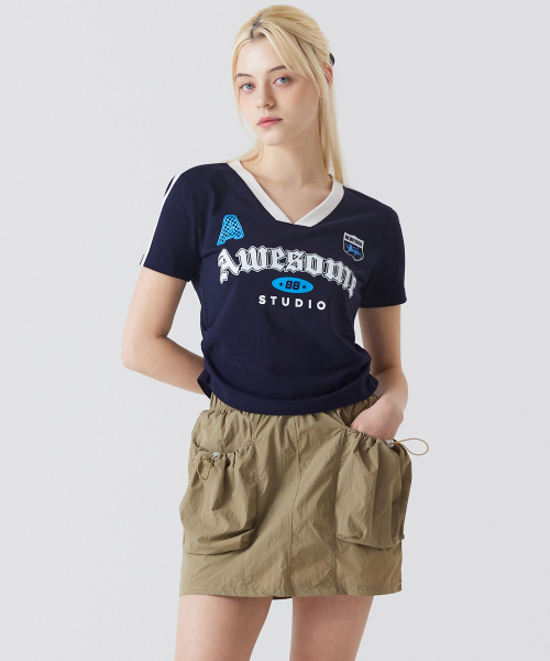 AWESOME STUDIO(オーサムスタジオ)の「半袖ブロックコアVネックシャーリングTシャツネイビー(Tシャツ/カットソー・レディース・その他・FREE)」の2枚目の写真