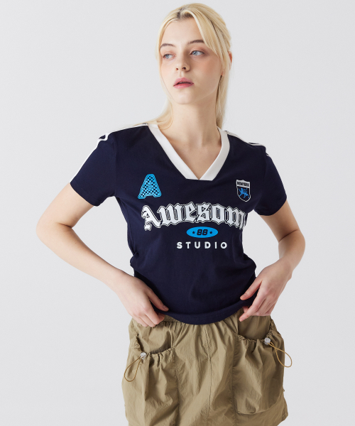 AWESOME STUDIO(オーサムスタジオ)の「半袖ブロックコアVネックシャーリングTシャツネイビー(Tシャツ/カットソー・レディース・その他・FREE)」の3枚目の写真