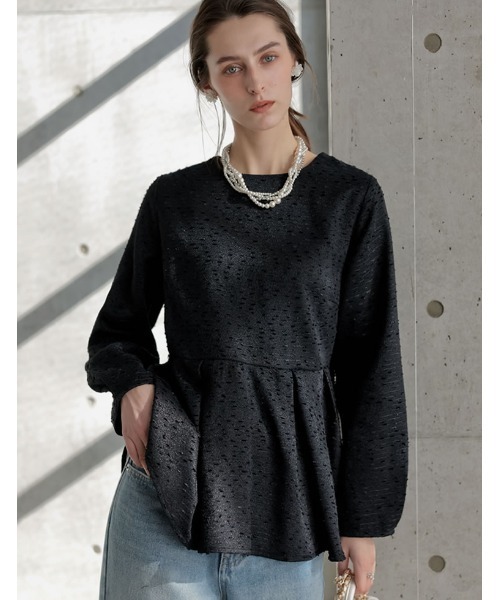 Re:EDIT（リエディ）の「[2026S/S COLLECTION][MEISM by Re:EDIT]フリンジツイードペプラムトップス（シャツ/ブラウス・レディース・ブラック/オフホワイト・LARGE/MEDIUM）」の7枚目の写真