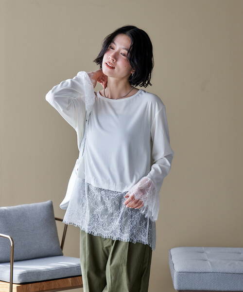 FREAK'S STORE（フリークスストア）の「異素材 ドッキング ロンT/レイヤードロンT（Tシャツ/カットソー・レディース・チャコール/ダークグレー/ナチュラル/オフホワイト/ホワイト/ブラック・ﾌﾘ-）」の21枚目の写真