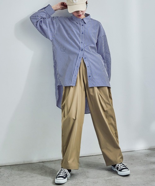 Fashion Letter（ファッションレター）の「テールカット ストライプシャツ（シャツ/ブラウス・レディース・レッド/サックスブルー/ブルー・M）」の6枚目の写真