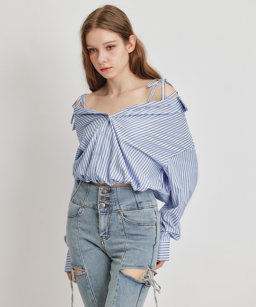 REDYAZEL（レディアゼル）の「ベアレイヤードストライプバルーンオフショルブラウス（シャツ/ブラウス・レディース・ベージュ系その他/ホワイト系その他/ブルー系その他・FREE）」の13枚目の写真