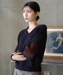 skoool（スクール）の「エルボーパッチVネックニット／パッチデザイン × 柔らかタッチ素材（Tシャツ/カットソー）」