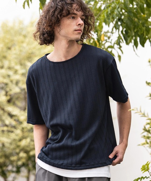 CAMBIO(カンビオ)の「mt10412- ケーブルニットボートネックTシャツ(BP-BFS0107)(Tシャツ/カットソー・メンズ・ネイビー/ブラック/グレー・L/M/S)」の1枚目の写真