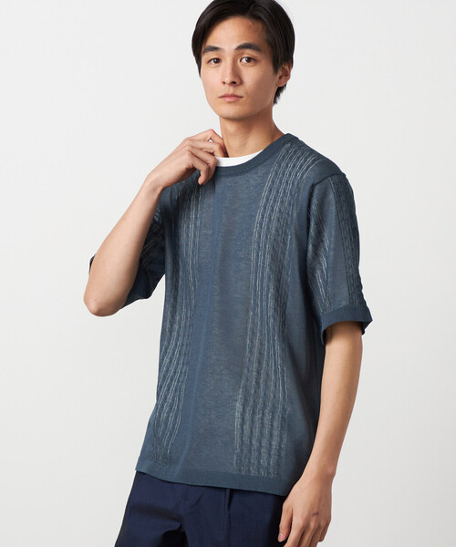 COMME CA ISM（コムサイズム）の「【セットアイテム】リネンライクケーブル クルーネックニット＋T/C天竺Tシャツ（ニット/セーター・メンズ・ブルー/チャコール・LARGE/MEDIUM）」の2枚目の写真