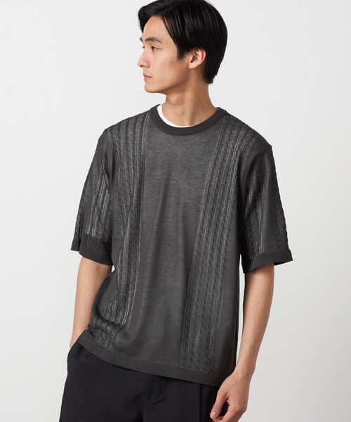 COMME CA ISM（コムサイズム）の「【セットアイテム】リネンライクケーブル クルーネックニット＋T/C天竺Tシャツ（ニット/セーター・メンズ・ブルー/チャコール・LARGE/MEDIUM）」の6枚目の写真