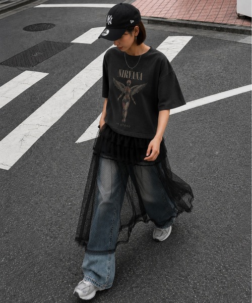 Chiina(チーナ)の「Chiina / ドット柄チュールティアードラップスカート(スカート・レディース・グレー/ホワイト/ブラック・FREE)」の2枚目の写真