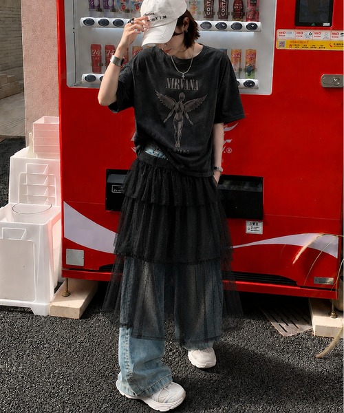 Chiina(チーナ)の「Chiina / ドット柄チュールティアードラップスカート(スカート・レディース・グレー/ホワイト/ブラック・FREE)」の9枚目の写真