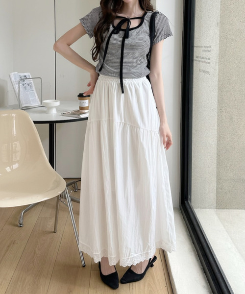 Ada.(エイダ)の「細ボーダー フロント リボンタイ ショート丈 カットソー(Tシャツ/カットソー・レディース・ホワイト/ブラック/ホワイト×ブラック・FREE)」の9枚目の写真