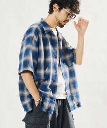 先染めオンブレチェック オープンカラー ショートスリーブ シアーシャツ/リラックスフィット