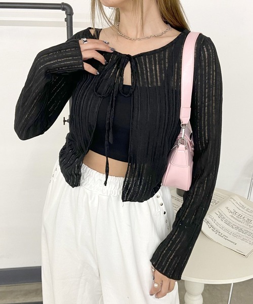 non-hedge(ノンヘッジ)の「透かし編みシアーショート丈ニットカーディガン(カーディガン/ボレロ・レディース・グレー/ピンク/オフホワイト/ブラック・FREE)」の3枚目の写真