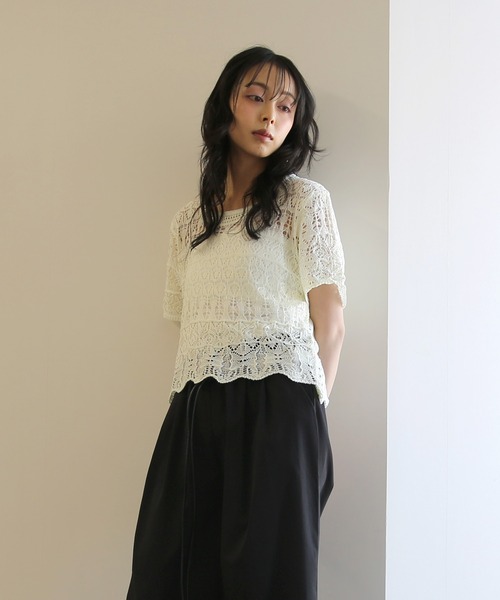 No one knows(ノーワンノーズ)の「ZOZO限定 インナー付き透かし編みニットプルオーバー(その他トップス・レディース・ブラック/アイボリー・FREE)」の3枚目の写真