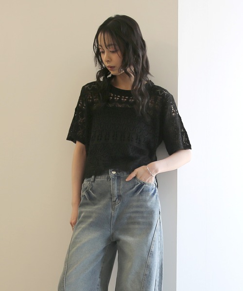 No one knows(ノーワンノーズ)の「ZOZO限定 インナー付き透かし編みニットプルオーバー(その他トップス・レディース・ブラック/アイボリー・FREE)」の12枚目の写真