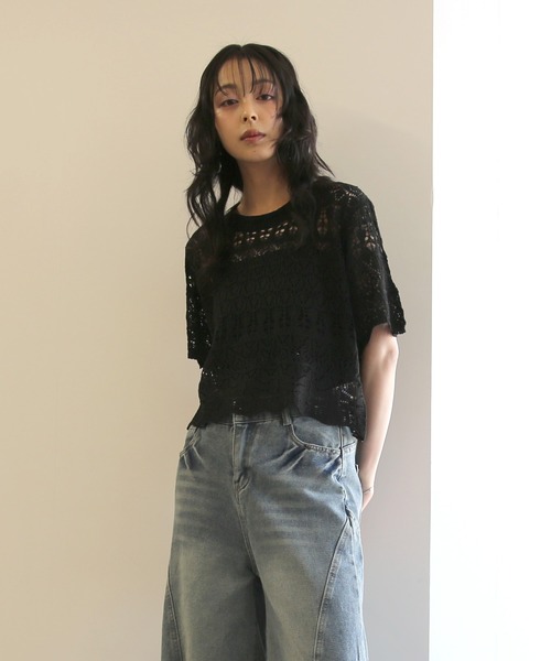 No one knows(ノーワンノーズ)の「ZOZO限定 インナー付き透かし編みニットプルオーバー(その他トップス・レディース・ブラック/アイボリー・FREE)」の20枚目の写真