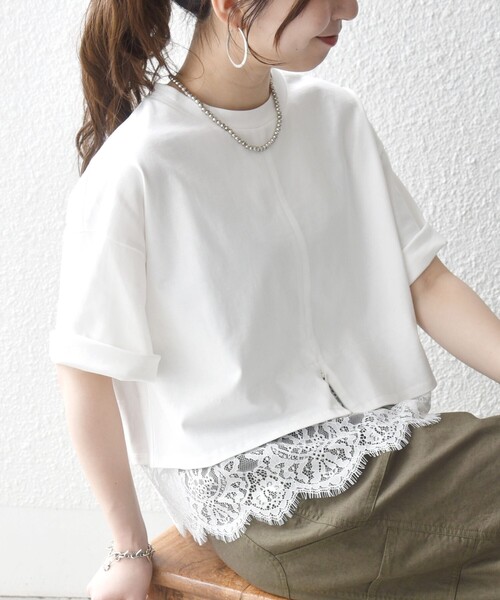 SHIPS any(シップス エニィ)の「SHIPS any:〈洗濯機可能〉ジップ レース ヘム ハーフスリーブ TEE(Tシャツ/カットソー・レディース・ホワイト/ブラック/ベージュ/ホワイト系その他/ベージュ系その他/ブラック系その他/チャコールグレー・ONE SIZE)」の1枚目の写真