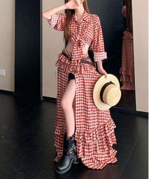 gossip！ロサンゼルス（ゴシップロサンゼルス）の「レッドギンガムチェック 七分袖シャツ 前結びクロップドトップス（シャツ/ブラウス・レディース・レッド・M/S）」の5枚目の写真