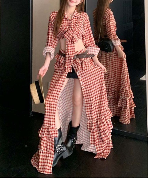 gossip！ロサンゼルス（ゴシップロサンゼルス）の「レッドギンガムチェック 七分袖シャツ 前結びクロップドトップス（シャツ/ブラウス・レディース・レッド・M/S）」の7枚目の写真
