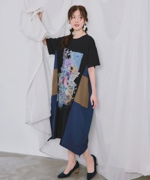 ScoLar(スカラー) iS ScoLar 夏の花コラージュ柄 異素材切替ワンピース