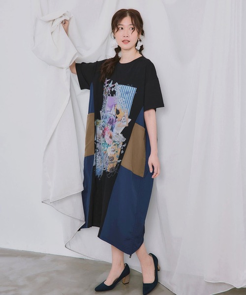 ScoLar（スカラー）の「ScoLar(スカラー) iS ScoLar 夏の花コラージュ柄 異素材切替ワンピース（ワンピース・レディース・オフホワイト/ブラック/カーキ・MEDIUM）」の2枚目の写真