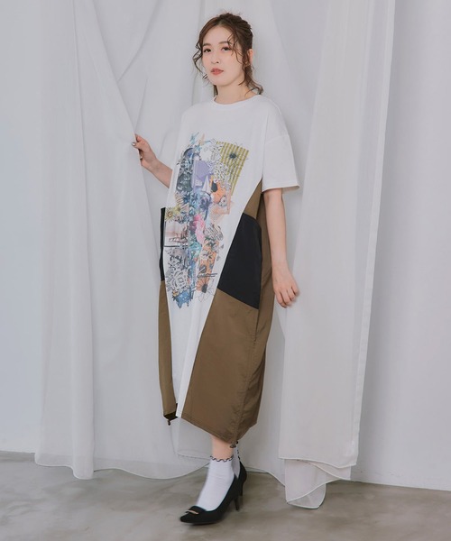 ScoLar（スカラー）の「ScoLar(スカラー) iS ScoLar 夏の花コラージュ柄 異素材切替ワンピース（ワンピース・レディース・オフホワイト/ブラック/カーキ・MEDIUM）」の20枚目の写真