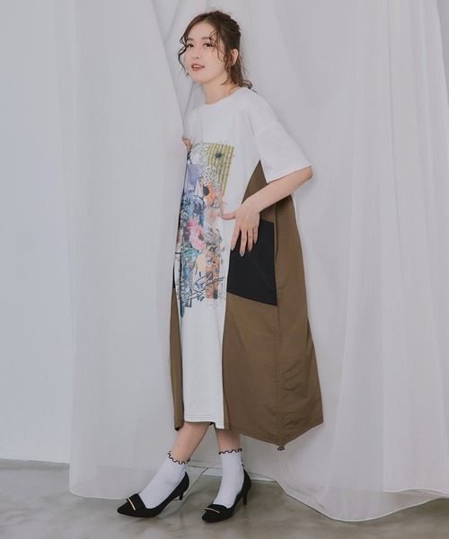 ScoLar（スカラー）の「ScoLar(スカラー) iS ScoLar 夏の花コラージュ柄 異素材切替ワンピース（ワンピース・レディース・オフホワイト/ブラック/カーキ・MEDIUM）」の21枚目の写真