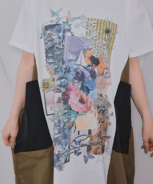 ScoLar（スカラー）の「ScoLar(スカラー) iS ScoLar 夏の花コラージュ柄 異素材切替ワンピース（ワンピース・レディース・オフホワイト/ブラック/カーキ・MEDIUM）」の22枚目の写真