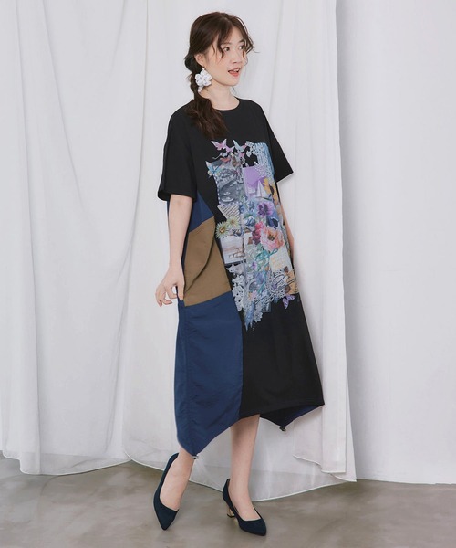 ScoLar（スカラー）の「ScoLar(スカラー) iS ScoLar 夏の花コラージュ柄 異素材切替ワンピース（ワンピース・レディース・オフホワイト/ブラック/カーキ・MEDIUM）」の7枚目の写真