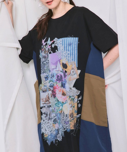 ScoLar（スカラー）の「ScoLar(スカラー) iS ScoLar 夏の花コラージュ柄 異素材切替ワンピース（ワンピース・レディース・オフホワイト/ブラック/カーキ・MEDIUM）」の8枚目の写真
