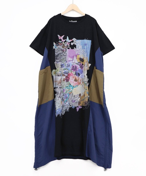 ScoLar（スカラー）の「ScoLar(スカラー) iS ScoLar 夏の花コラージュ柄 異素材切替ワンピース（ワンピース・レディース・オフホワイト/ブラック/カーキ・MEDIUM）」の9枚目の写真