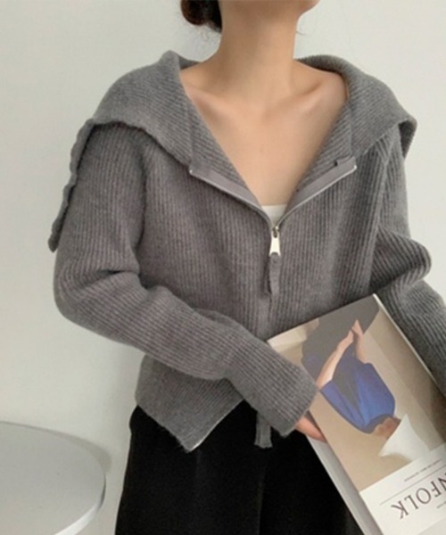 Ritzy(リッツィー)の「ビッグ襟 ダブルジップ ニットカーディガン(ニット/セーター・レディース・ベージュ/グレー/アイボリー/キャメル・FREE)」の2枚目の写真